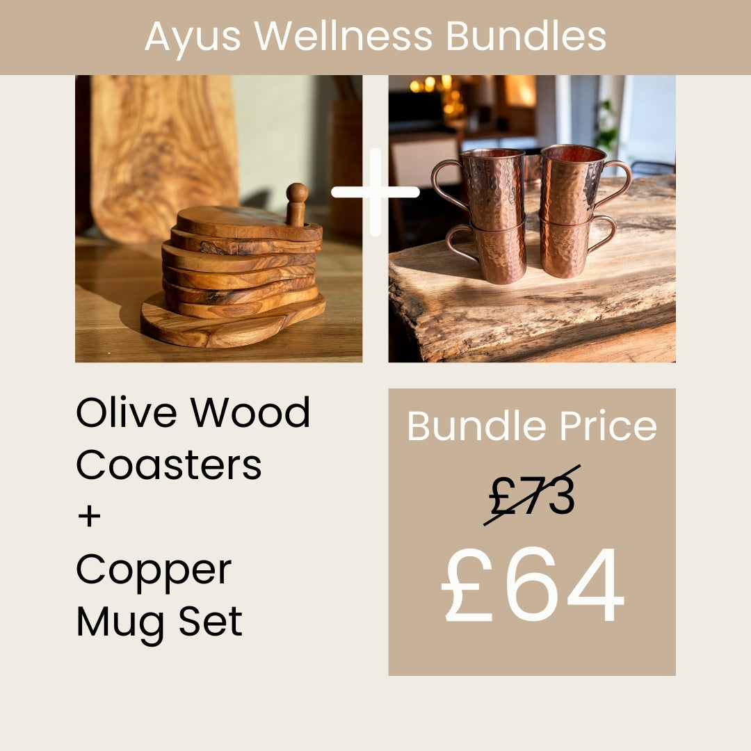 Olive Wood Coasters + Copper Mugs Bundle